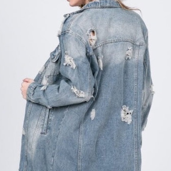 Plus Size Distressed Destroyed Vintage Long Maxi Denim Jean Jacket Coat - Picture 7 of 8